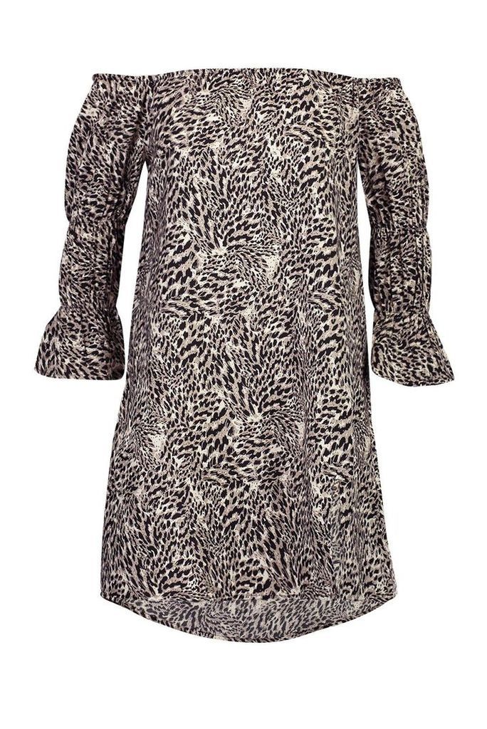 Womens Woven Leopard Bardot Sheered Sleeve Shift Dress - black - 8, Black