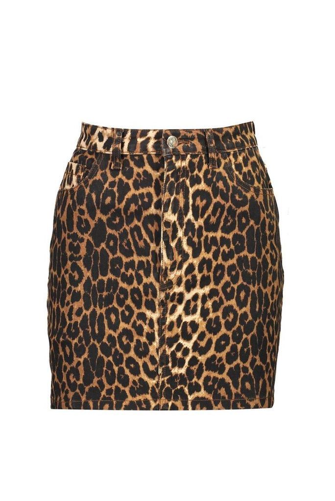 Womens High Waisted Leopard Denim Mini Skirt - brown - 8, Brown