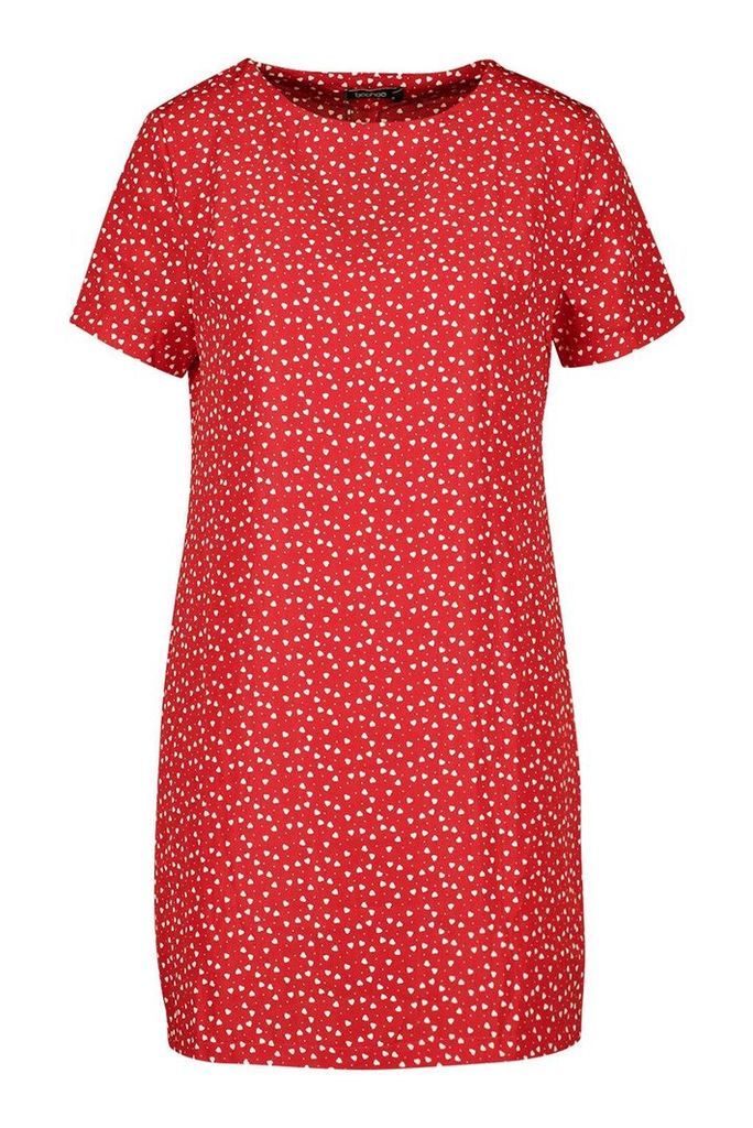 Womens Heart Print Shift Dress - red - 8, Red