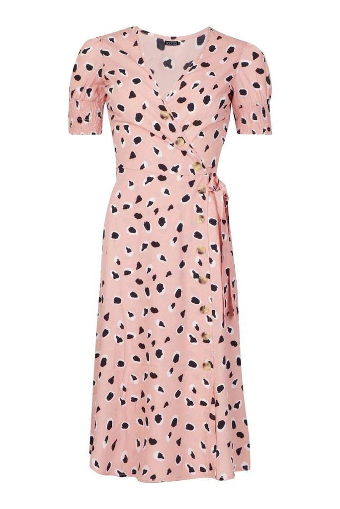 Womens Abstract Dalmation Print Button Midi Dress - pink - 14, Pink