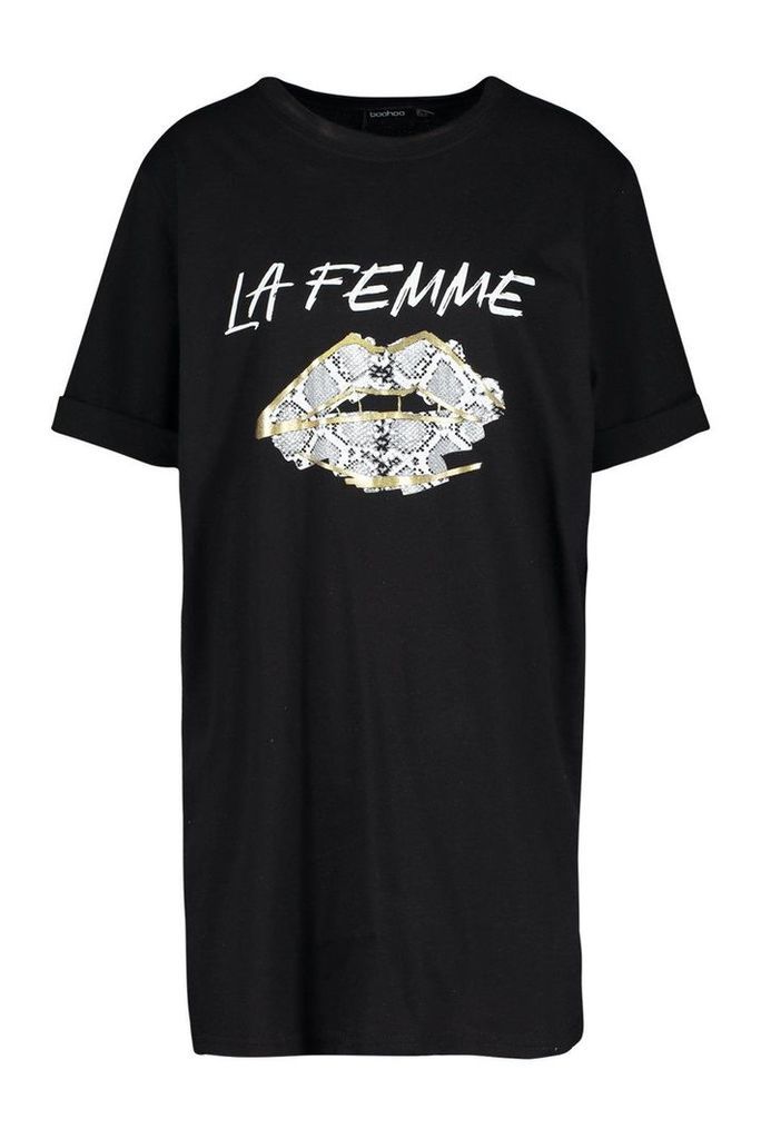 Womens La Femme Snake Lips T-Shirt Dress - black - 8, Black