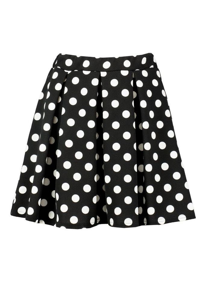 Womens Polka Dot Box Pleat Skater Skirt - black - 10, Black