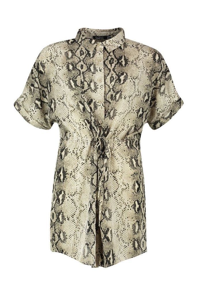 Womens Snake Print Short Sleeve Drawstring Shirt Dress - brown - 12, Brown