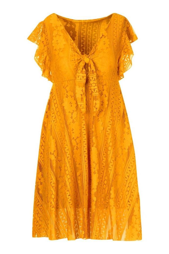 Womens Tie Front Skater Dress - yellow - S, Yellow
