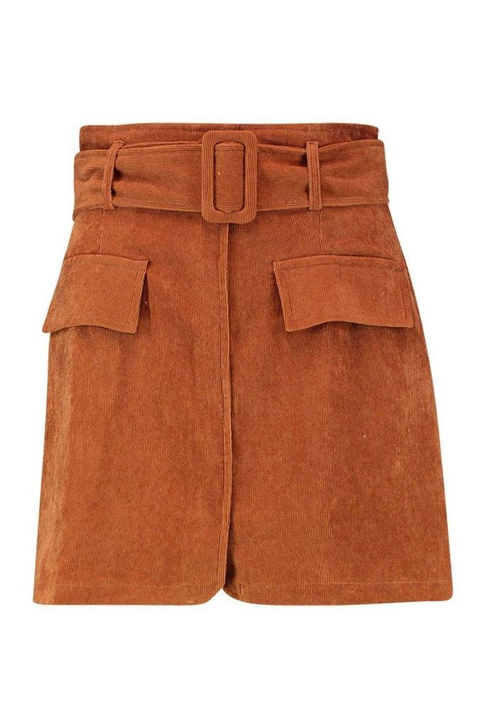 Womens Cord Pocket Front Self Belted Mini Skirt - Brown - 14, Brown