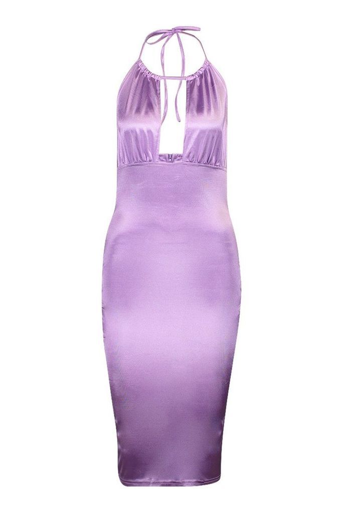 Womens Stretch Satin Halterneck Midi Dress - purple - 8, Purple