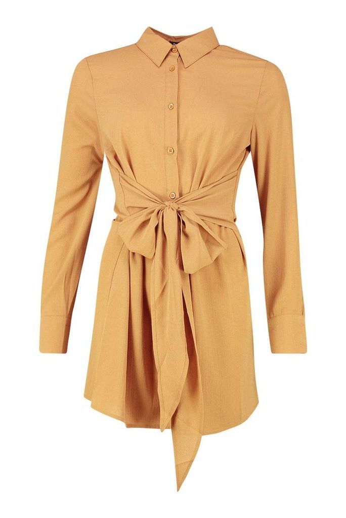 Womens Tie Detail Shirt Dress - Brown - 14, Brown