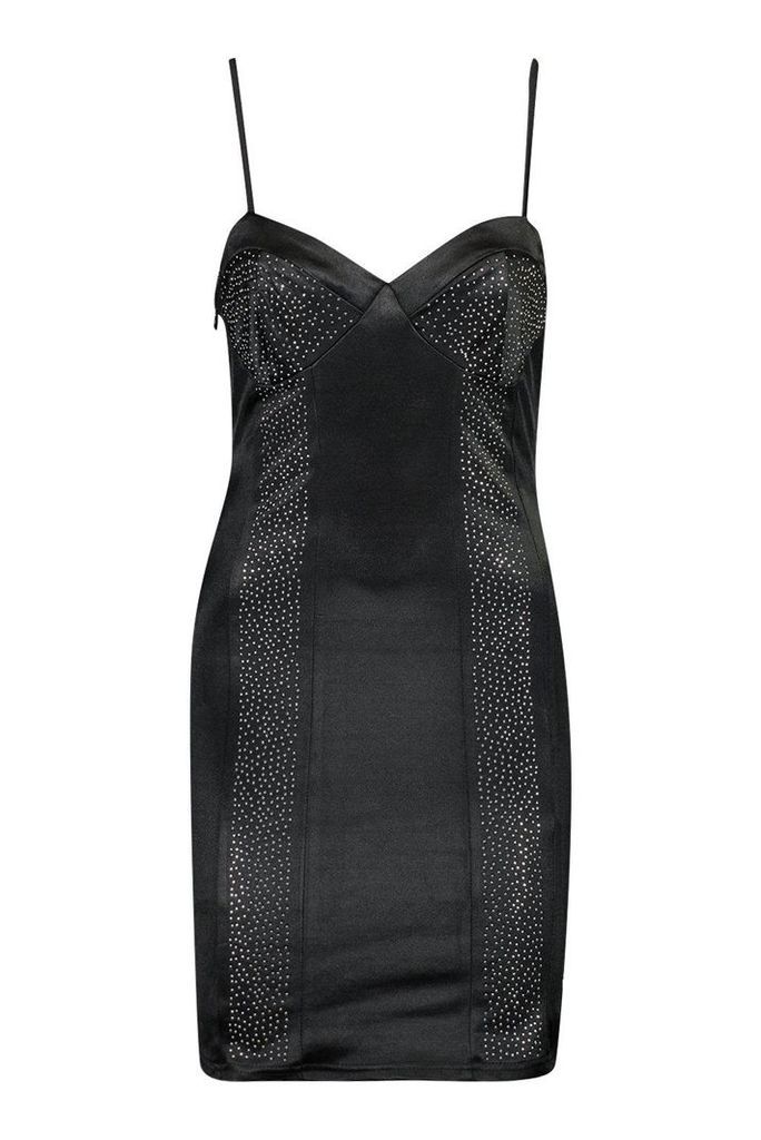 Womens Satin Diamante Front Panel Cupped Mini Dress - black - 12, Black
