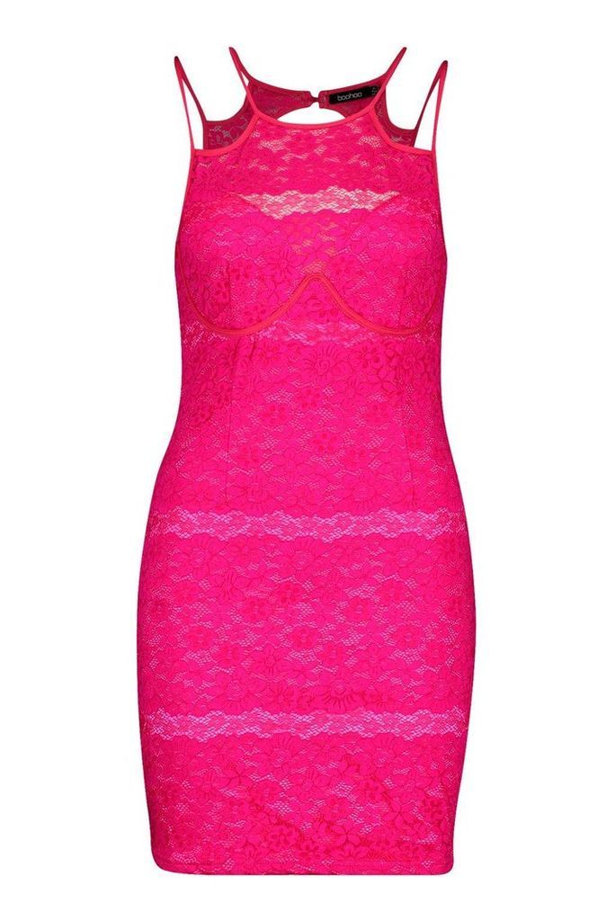 Womens All Over Lace High Neck Bodycon Dress - Pink - 8, Pink
