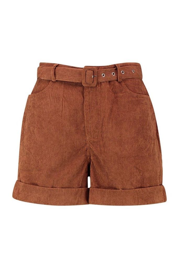 Womens Chunky Cord Belted Turn Up Shorts - brown - 10, Brown