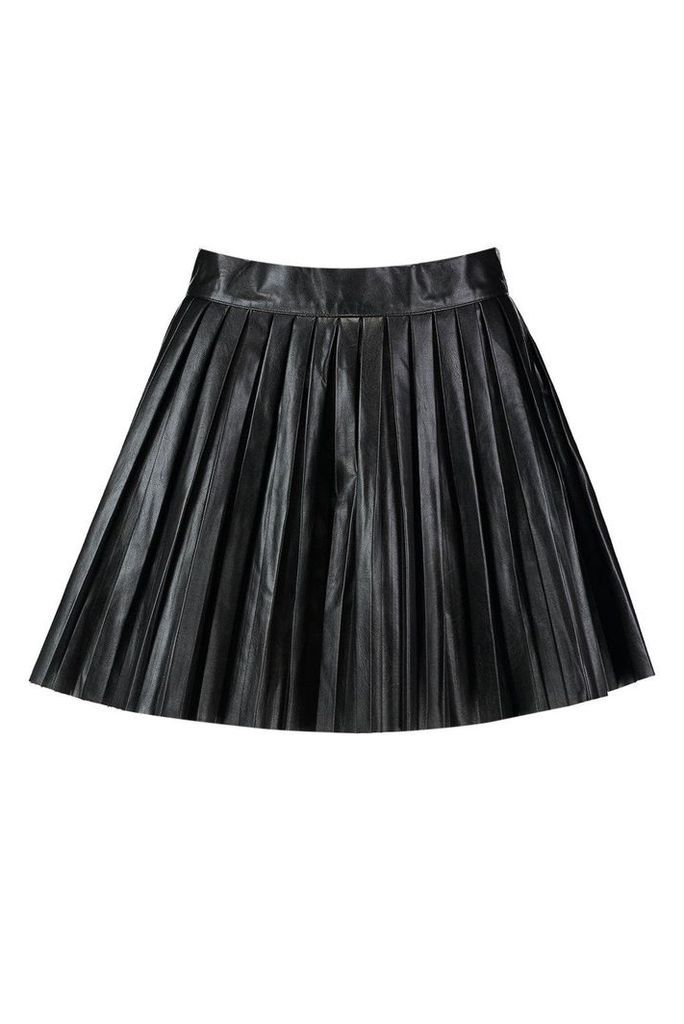 Womens Pleated Leather Look Mini Skirt - Black - 14, Black