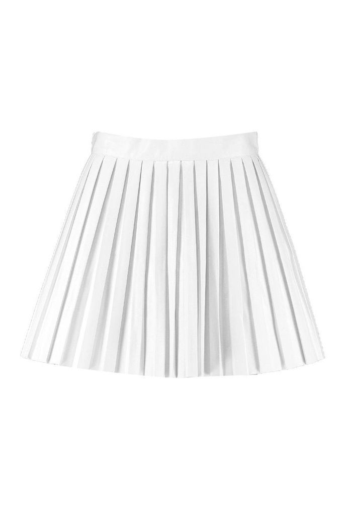 Womens Pleated Leather Look Mini Skirt - White - 14, White