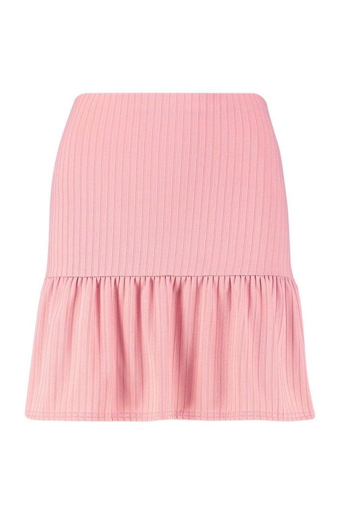 Womens Ribbed Frill Hem Mini Skater Skirt - pink - 16, Pink