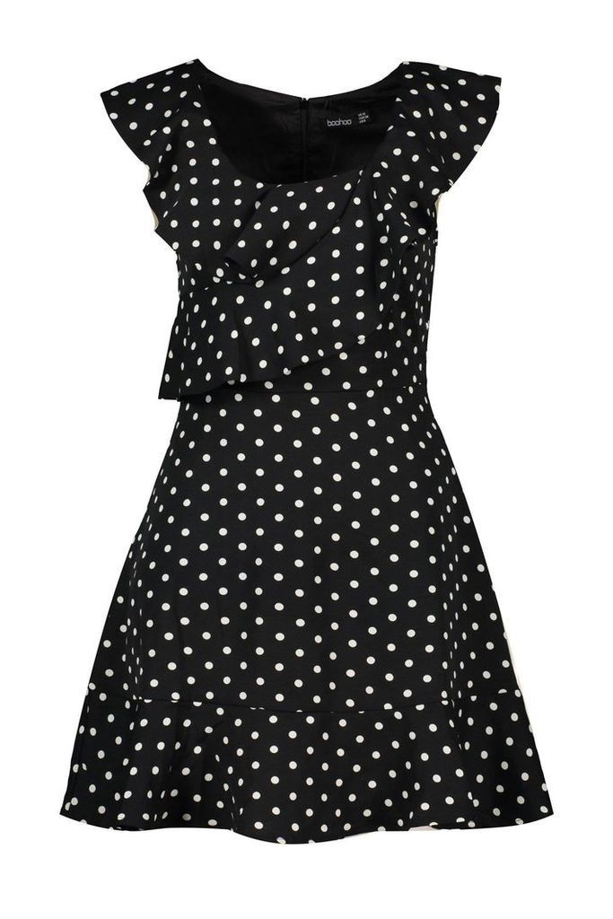 Womens Polka Dot Frill Skater Dress - black - 8, Black