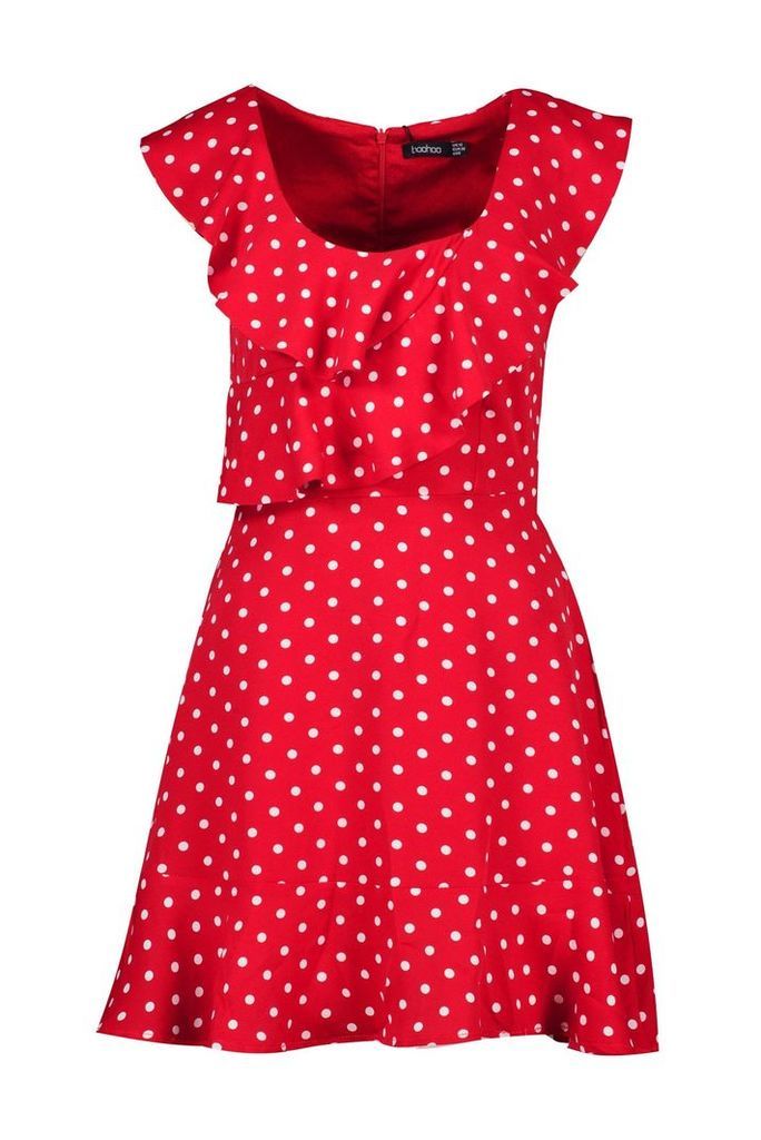 Womens Polka Dot Frill Skater Dress - red - 10, Red