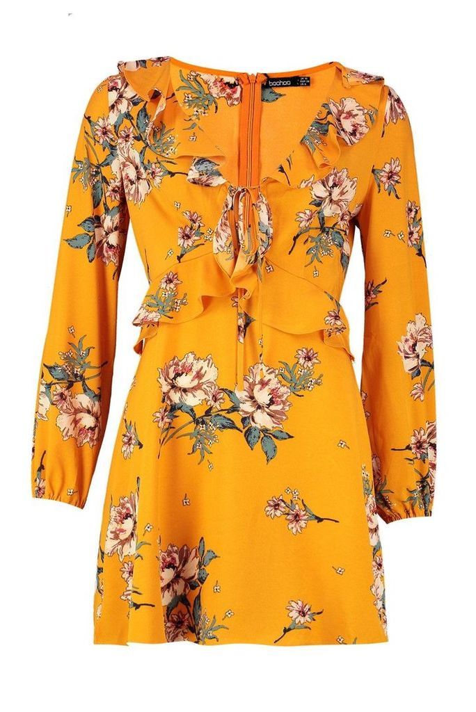 Womens Floral Print Frill Detail Smock Dress - yellow - 10, Yellow