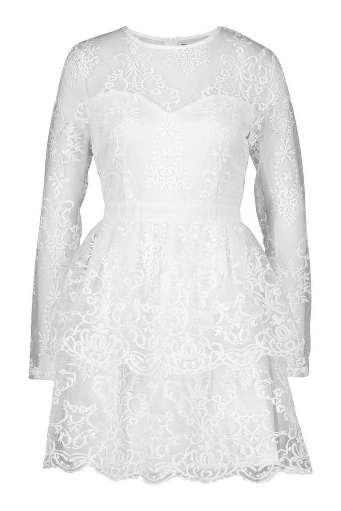 Womens Embroidered Skater Dress - white - 14, White