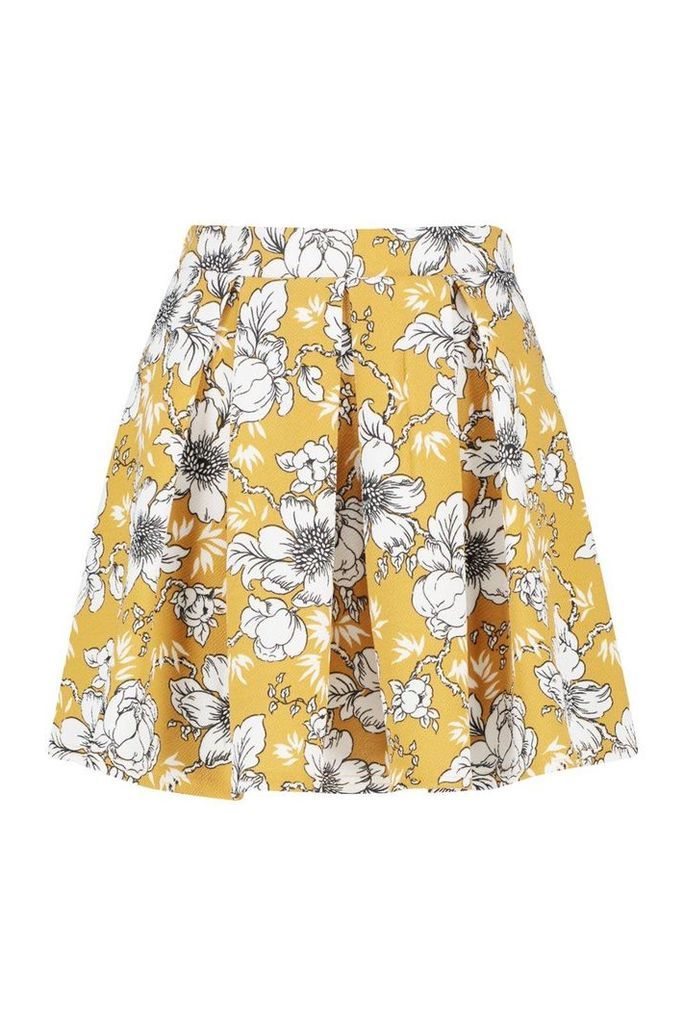 Womens Box Pleat Large Floral Skater Skirt - yellow - 8, Yellow