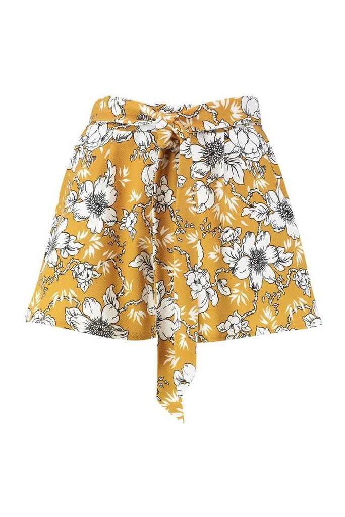 Womens Large Floral Tie Waist Tailored Shorts - yellow - 10, Yellow