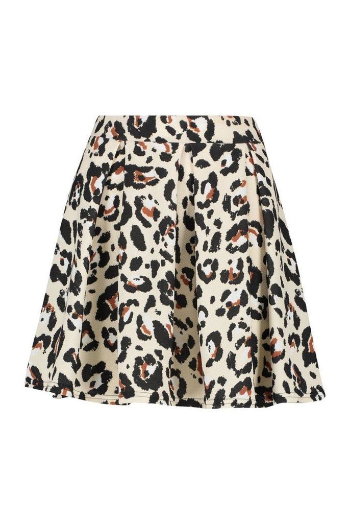Womens Leopard Print Box Pleat Skater Skirt - Beige - 8, Beige