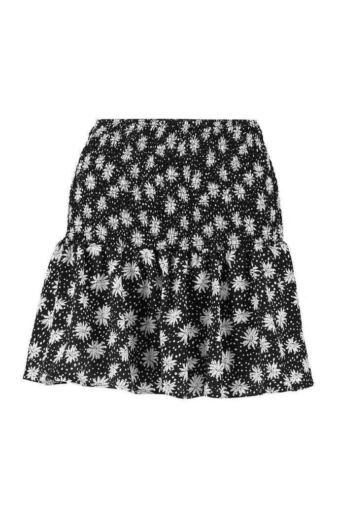 Womens Ditsy Floral Shirred Drop Hem Mini Skirt - black - 14, Black