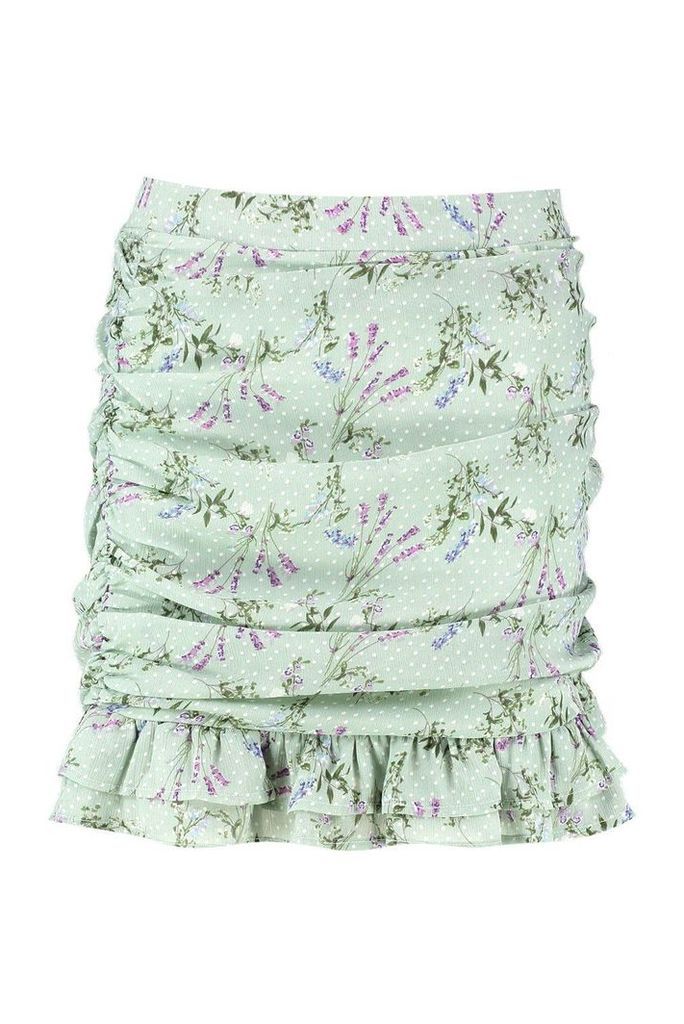 Womens Ditsy Floral Rouched Drop Hem Mini Skirt - white - 16, White