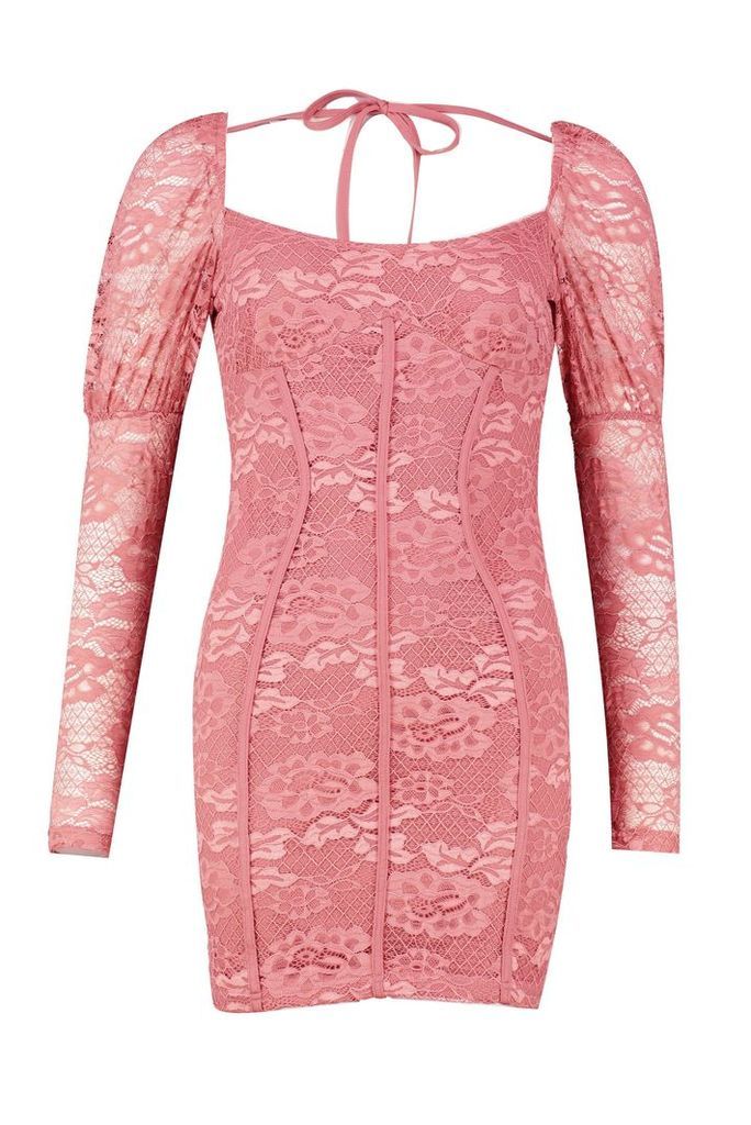 Womens Long Sleeve Mini Peasant Lace Dress - pink - 12, Pink