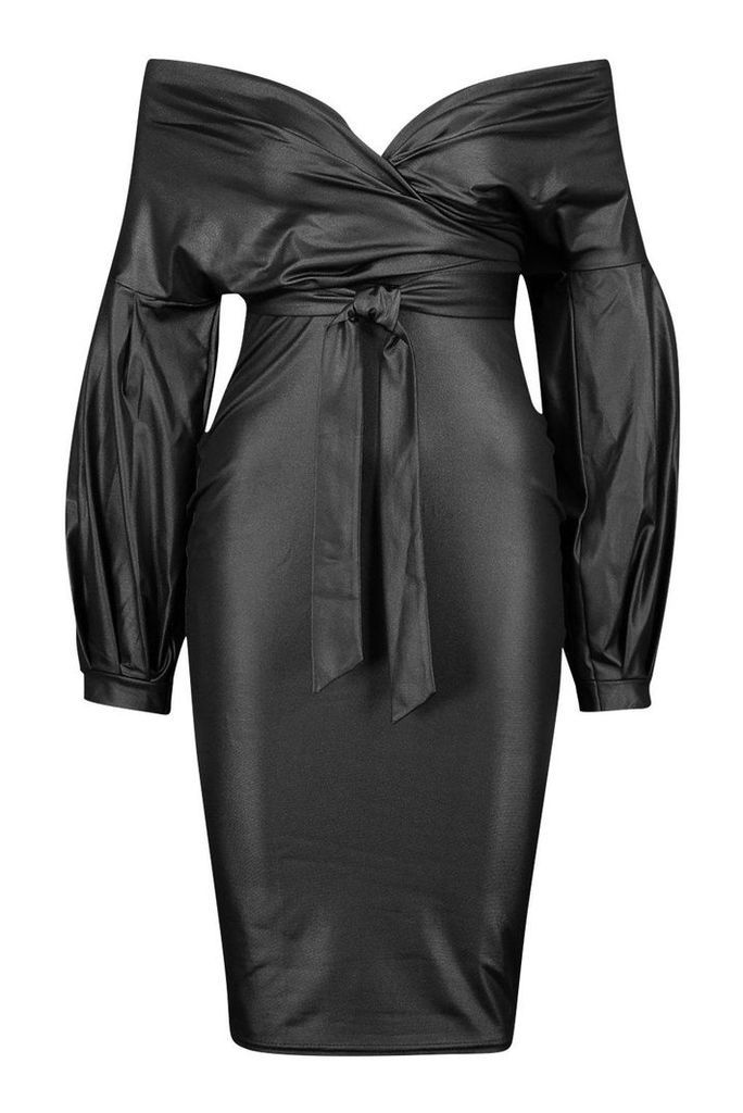 Womens Wet Look Off The Shoulder Wrap Midi Dress - black - 14, Black