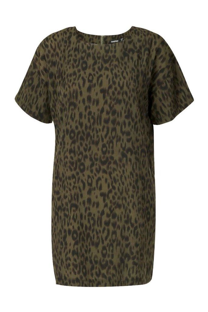 Womens Animal Leopard Print Shift Dress - Green - 14, Green