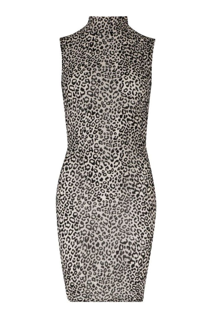 Womens High Neck Leopard Mesh Bodycon Dress - multi - 10, Multi