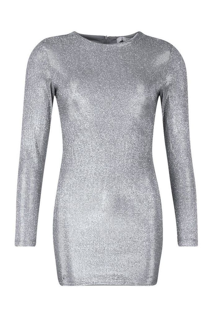 Womens High Shine Diamante Effect Bodycon Mini Dress - grey - M, Grey