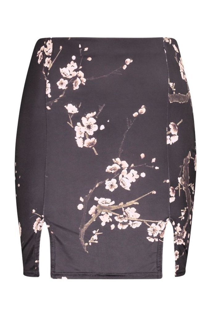 Womens Slinky Cherry Blossom Split Mini Skirt - black - 14, Black