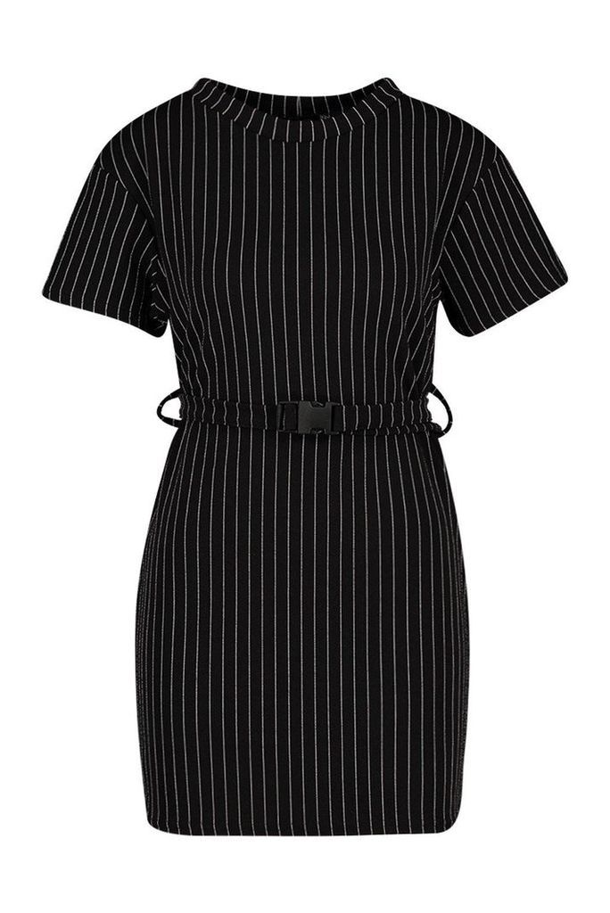 Womens Pinstripe Buckle Detail Belted Shift Dress - Black - 14, Black