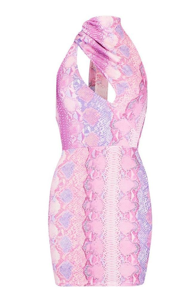 Womens Snake Print High Neck Cut Out Bodycon Dress - Pink - 24, Pink