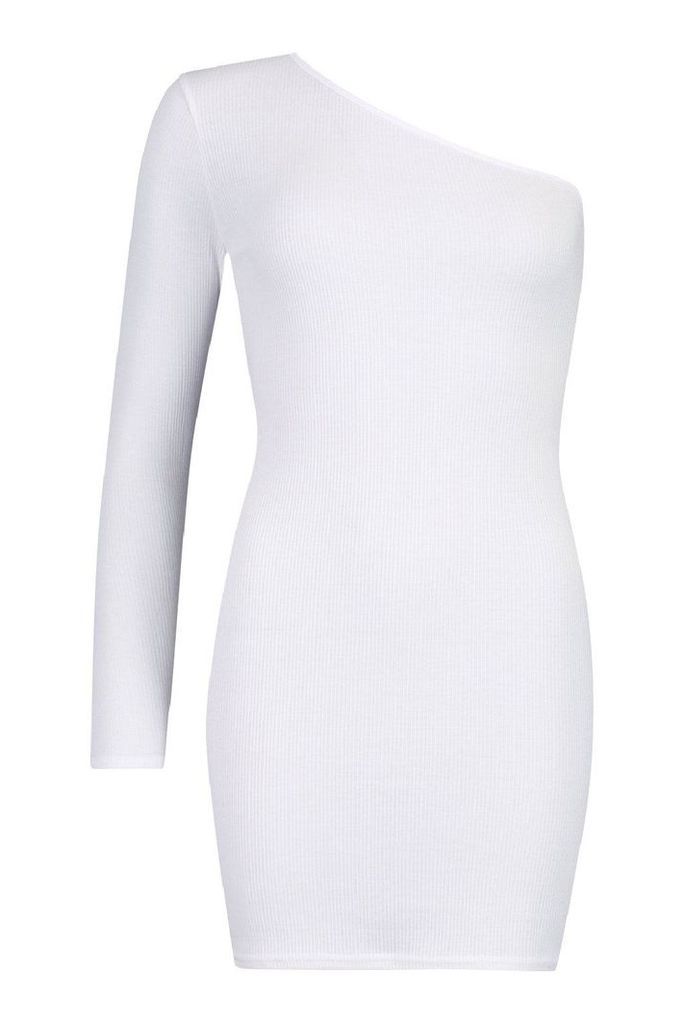 Womens Rib One Shoulder Bodycon Dress - white - 16, White