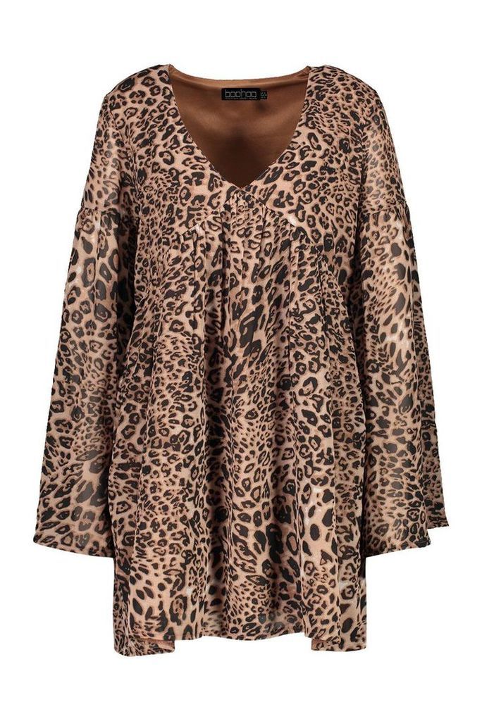 Womens Woven Leopard V Neck Smock Dress - beige - 12, Beige