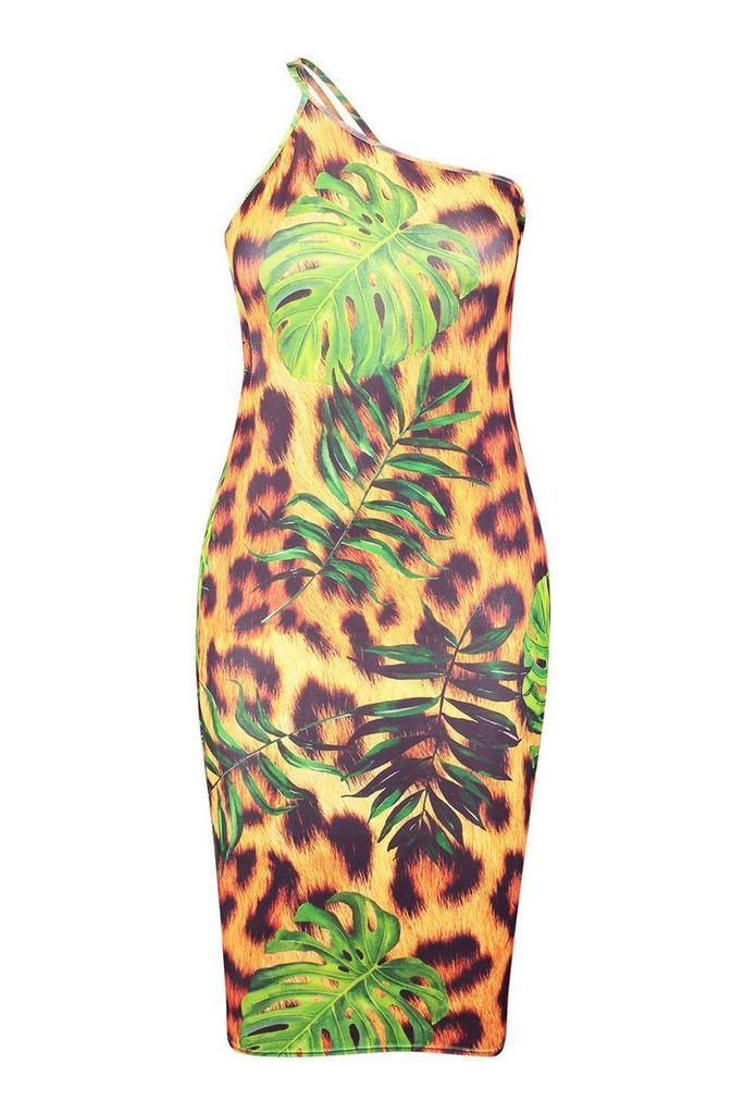 Womens One Shoulder Tropical Leopard Midi Dress - multi - 20, Multi