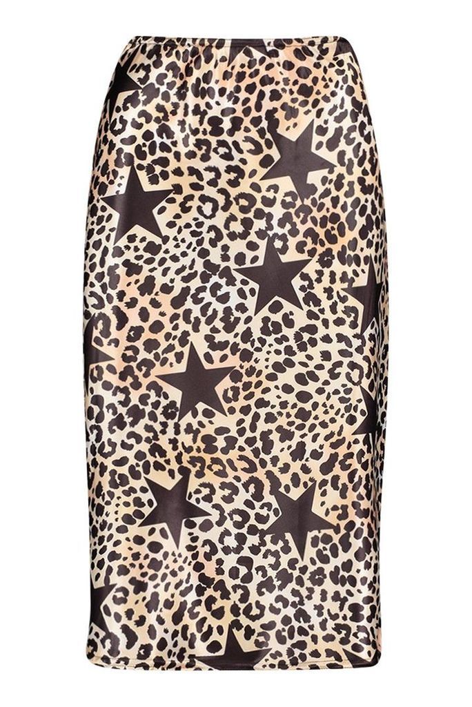 Womens Leopard Star Print Satin Wrap Midi Skirt - brown - 10, Brown