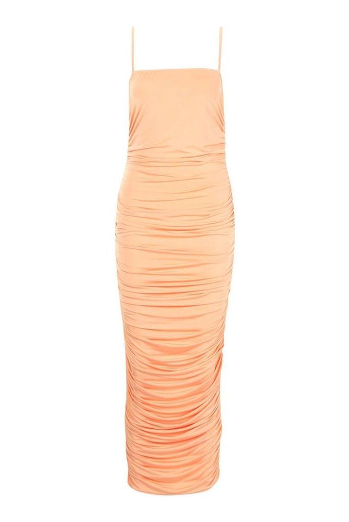 Womens Strappy Square Neck Ruched Midaxi Dress - orange - 12, Orange