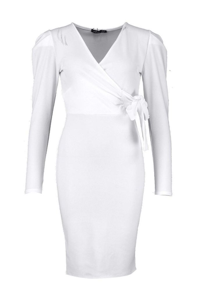 Womens Volume Sleeve Wrap Midi Dress - white - 10, White