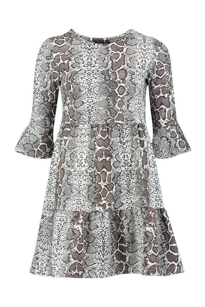 Womens Snake Print Ruffle Sleeve Smock Dress - grey - 12, Grey