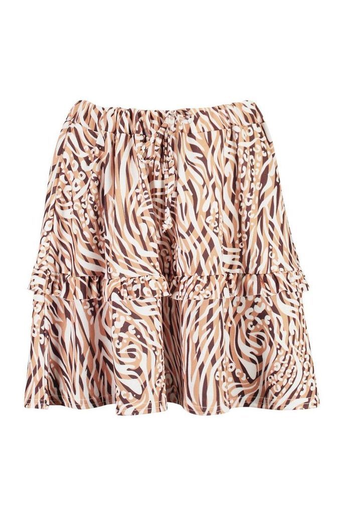 Womens Mixed Animal Print Tie Front Ruffle Mini Skirt - brown - 14, Brown