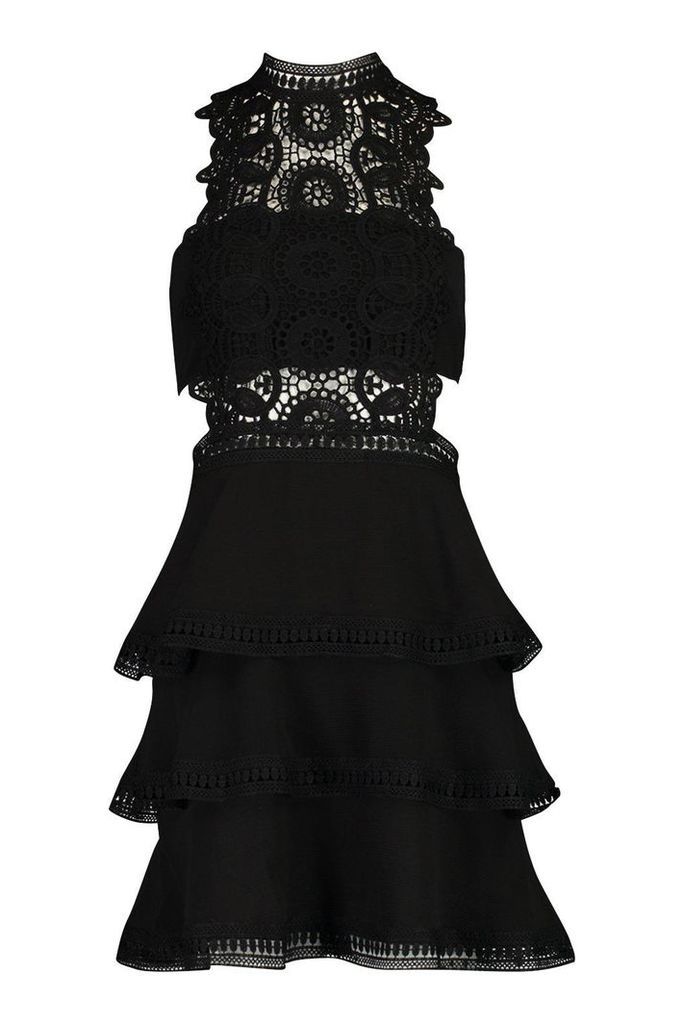 Womens Crochet Trim Ruffle Tiered Skater Dress - black - 16, Black
