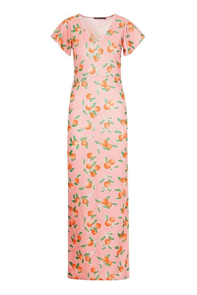 Womens Fruit Print Angel Sleeve Maxi Dress - Pink - 8, Pink
