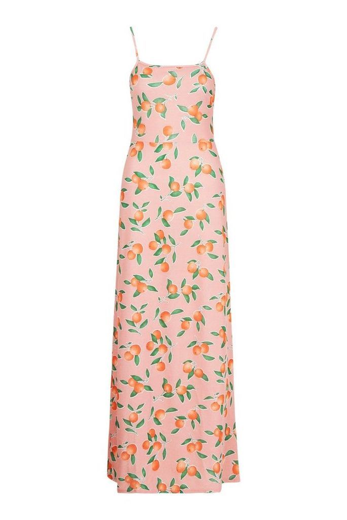 Womens Fruit Printed Square Neck Maxi Dress - Pink - 8, Pink
