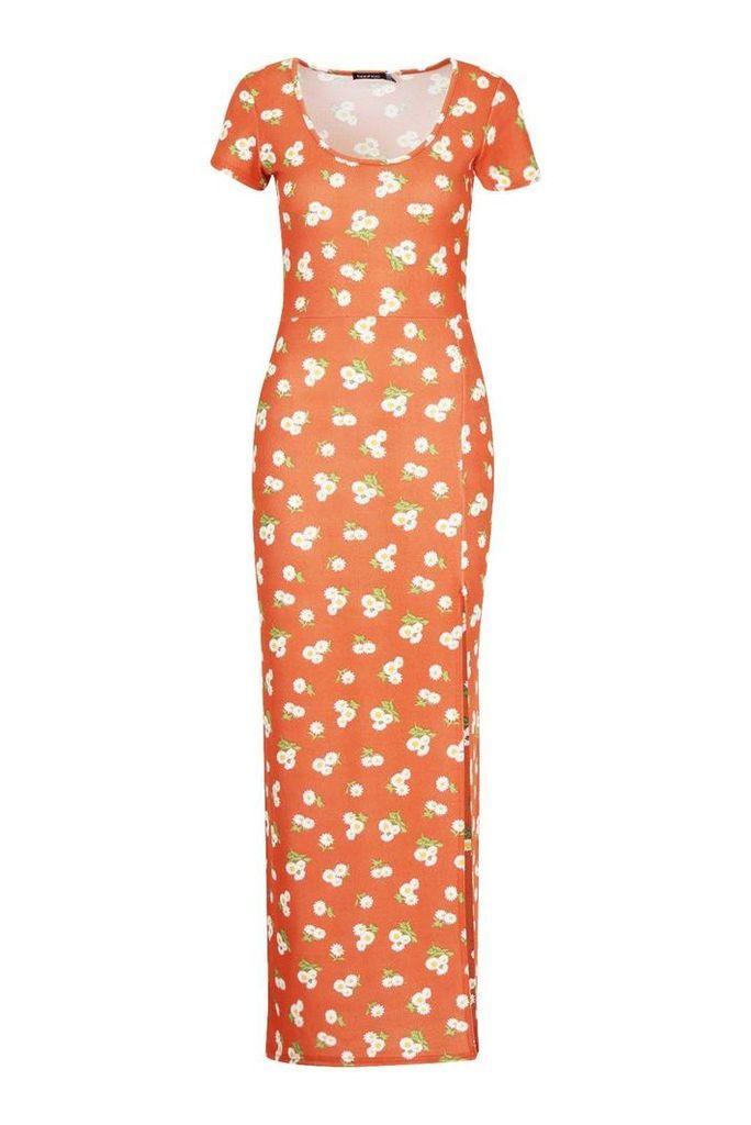 Womens Large Scale Floral Cap Sleeve Maxi Dress - orange - 14, Orange