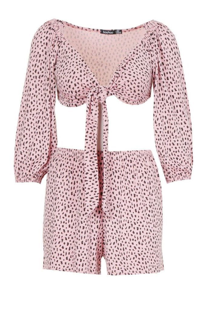 Womens Leopard Print Tie Front Top & Short Co-Ord - Pink - 14, Pink