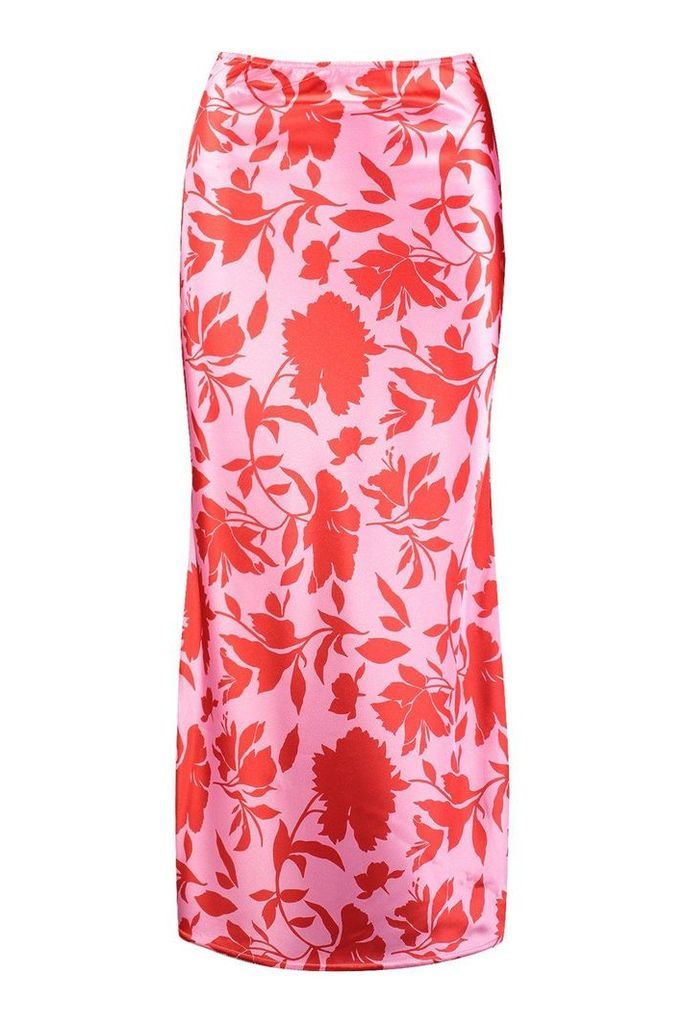 Womens Vibrant Floral Satin Midaxi Skirt - Pink - 12, Pink
