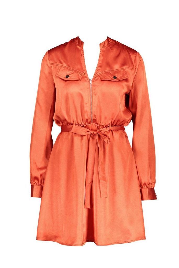 Womens Satin Zip Front Pocket Shift Dress - orange - 14, Orange