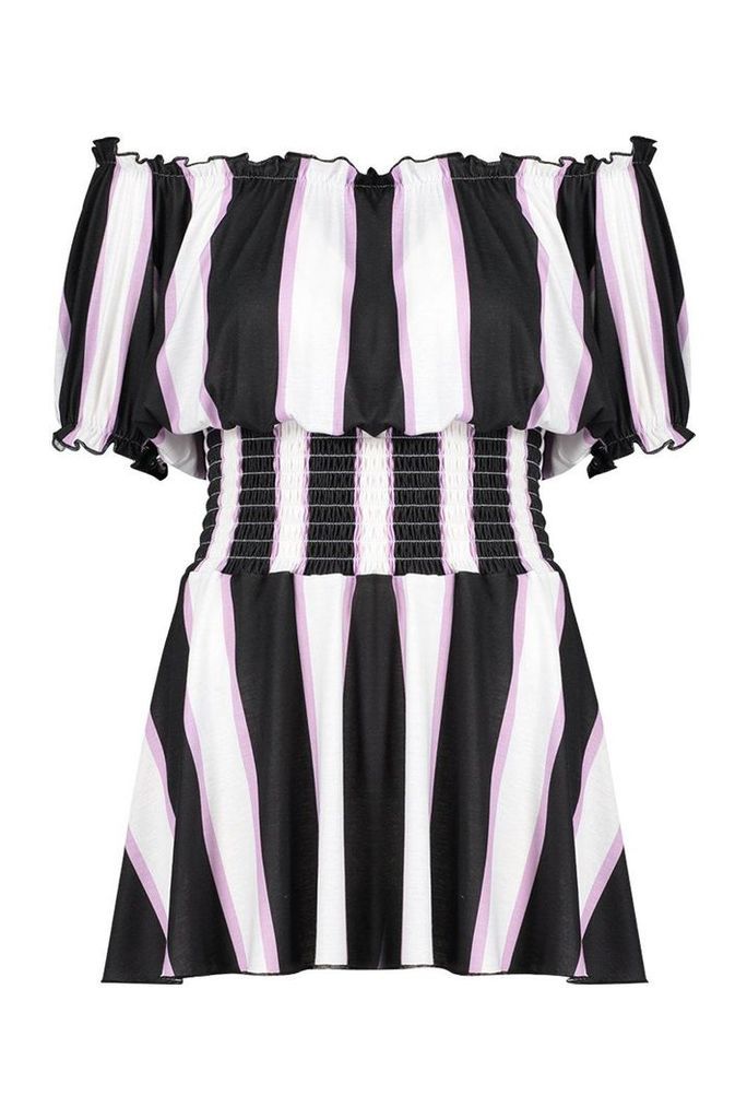 Womens Striped Dress With Shirring - purple - 12, Purple
